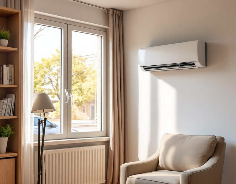 Climatisation murale dans un séjour au calme, fenêtres fermées