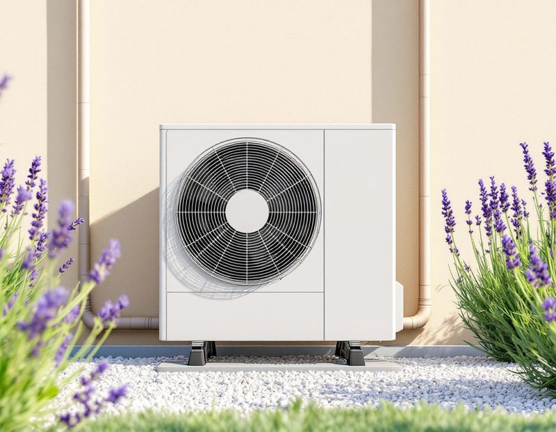 Groupe extérieur de climatisation sur plots antivibratiles, au milieu des lavandes